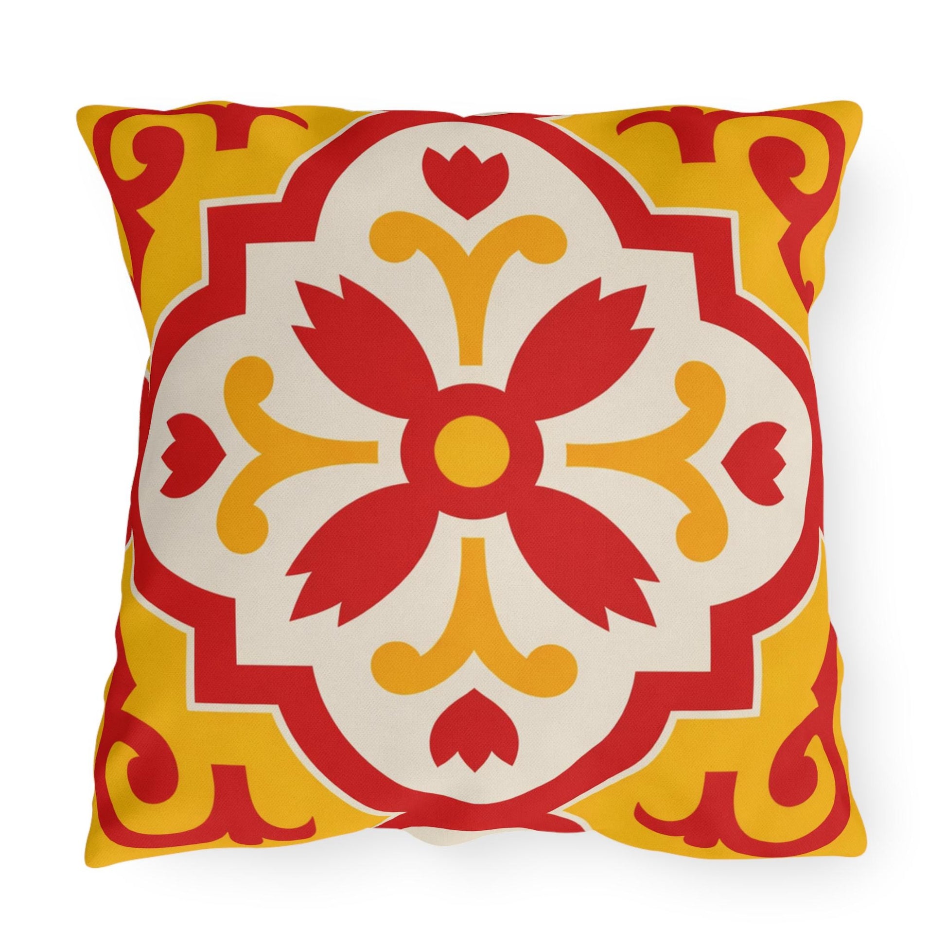 Red/Yellow Mediterranean Tile Outdoor Pillow | Sunflower Geometric Pattern