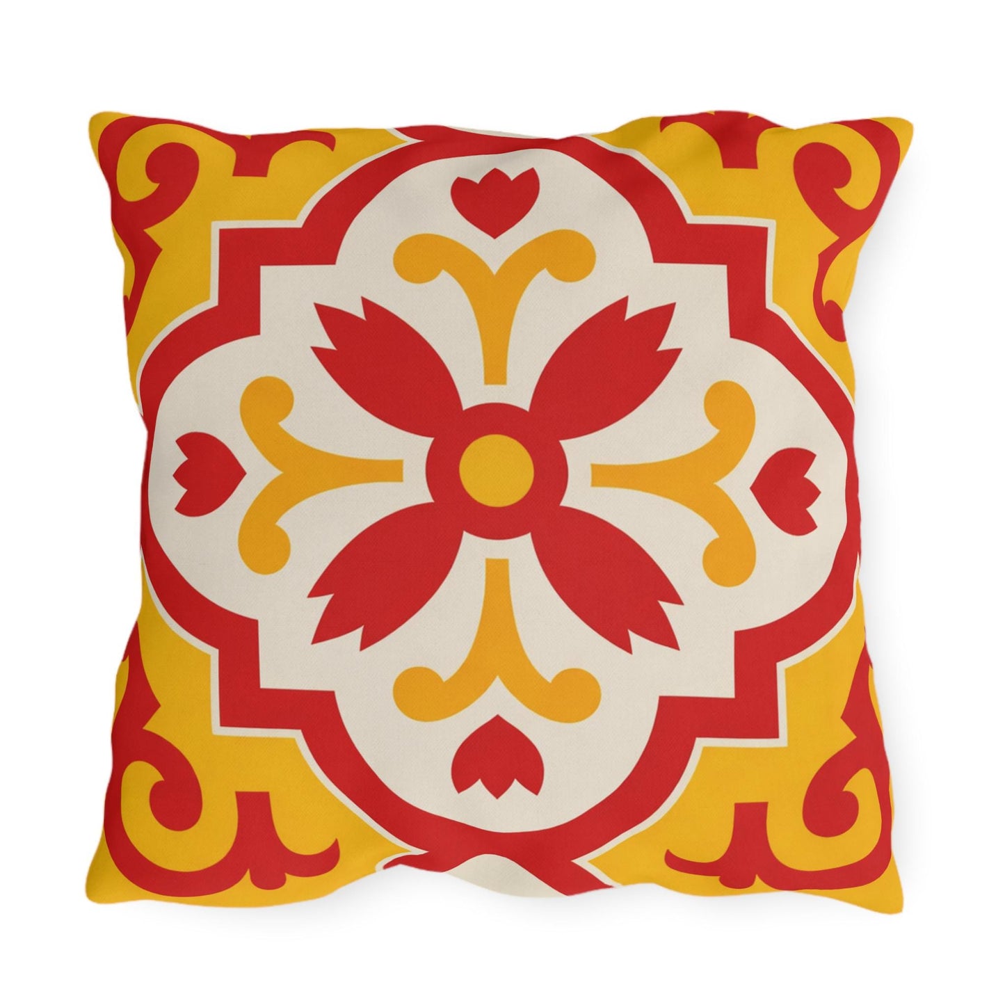 Red/Yellow Mediterranean Tile Outdoor Pillow | Sunflower Geometric Pattern