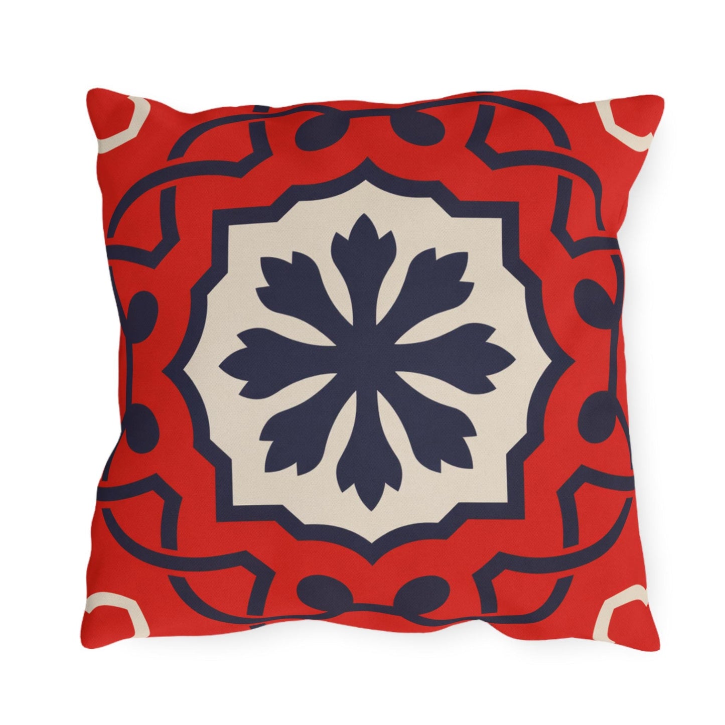 Red Mediterranean Tile Outdoor Pillow | Sunflower Geometric Pattern