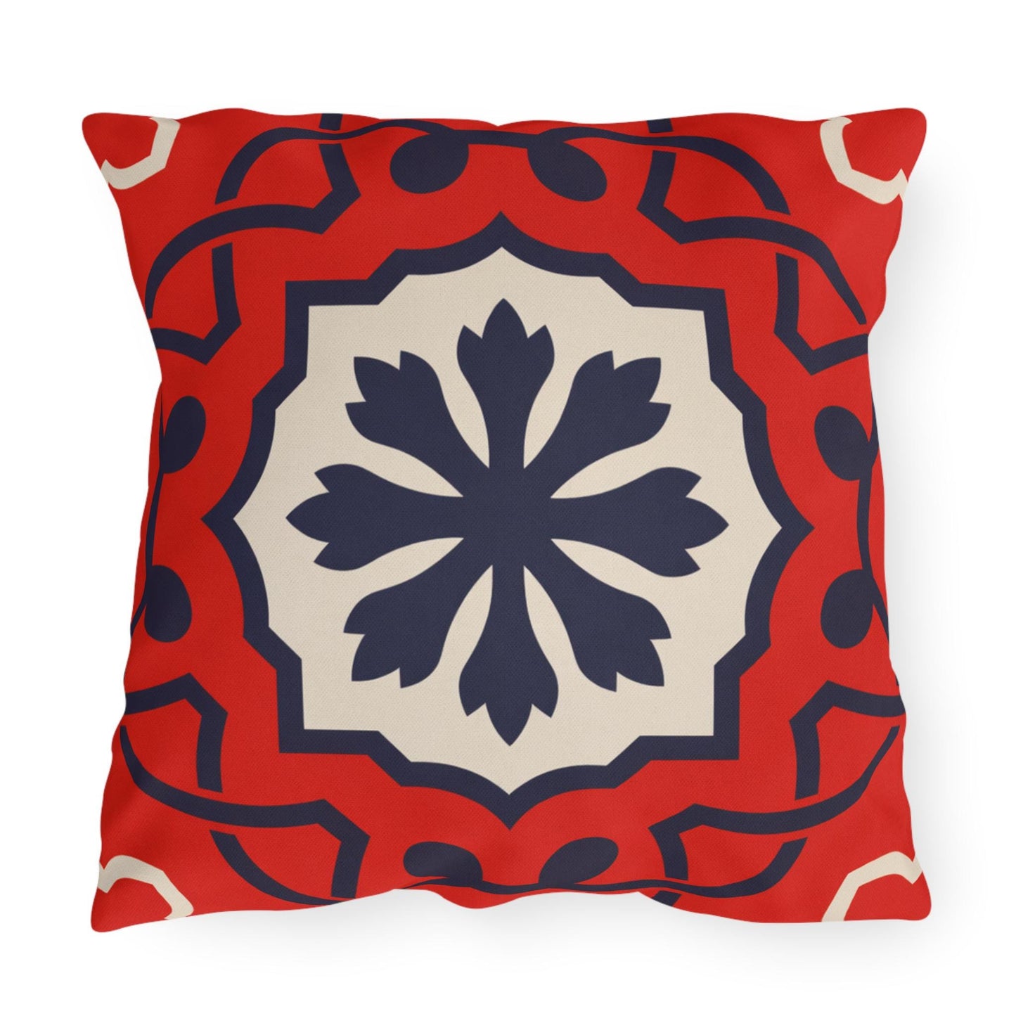 Red Mediterranean Tile Outdoor Pillow | Sunflower Geometric Pattern