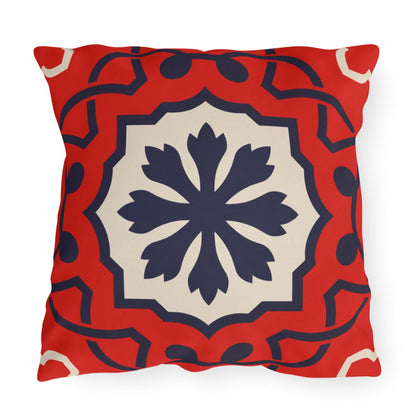 Red Mediterranean Tile Outdoor Pillow | Sunflower Geometric Pattern