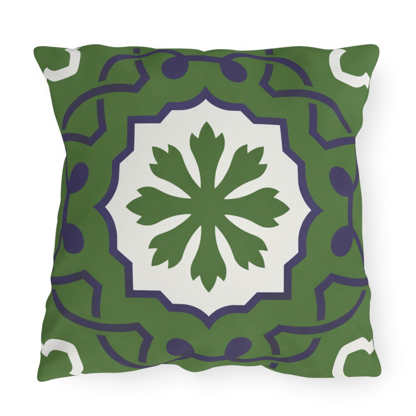 Green Mediterranean Tile Outdoor Pillow | Sunflower Geometric Pattern