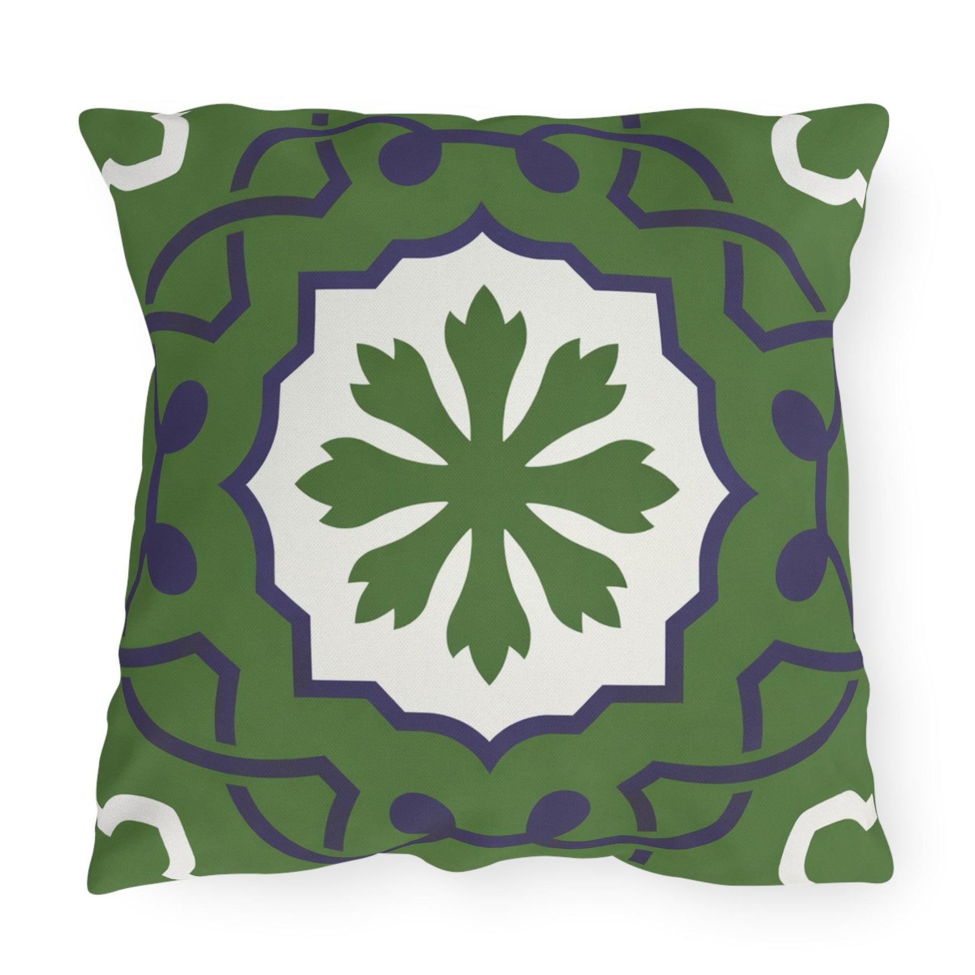 Green Mediterranean Tile Outdoor Pillow | Sunflower Geometric Pattern
