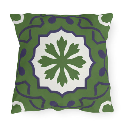 Green Mediterranean Tile Outdoor Pillow | Sunflower Geometric Pattern