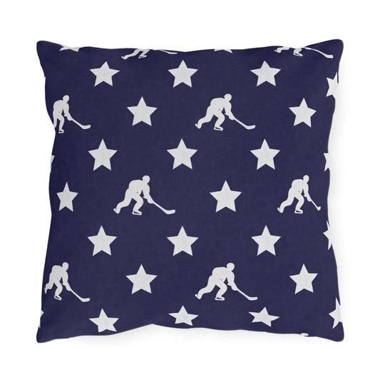 USA Flag Star Hockey Player Outdoor Pillow | Patriotic Sports Throw Pillow