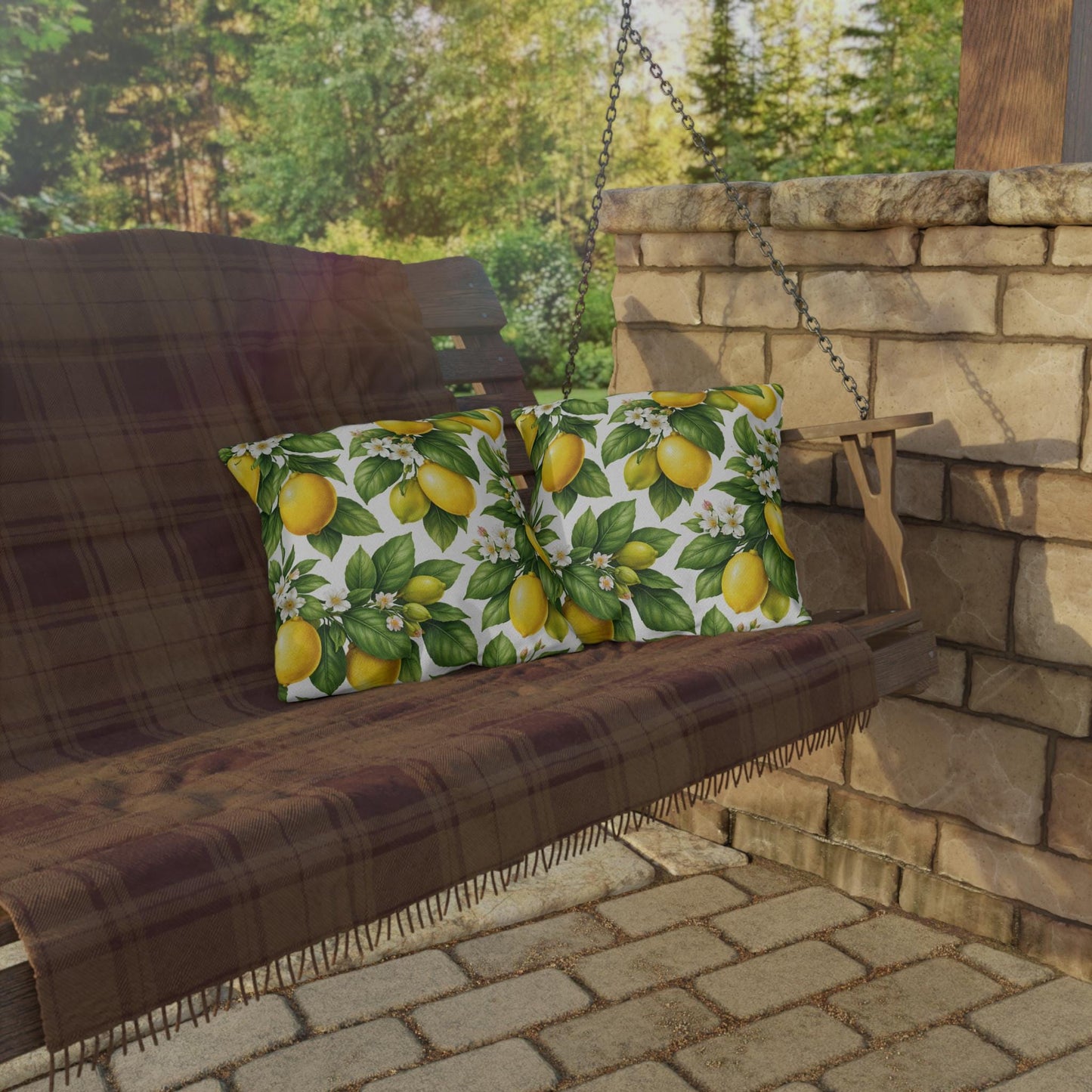 Lemon Tree Outdoor Throw Pillow | Citrus Patio Cushion | Yellow Lemon Decor
