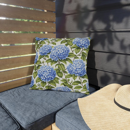 Blue Hydrangea Floral Outdoor Pillow | Square Patio Cushion, Botanical Garden Decor