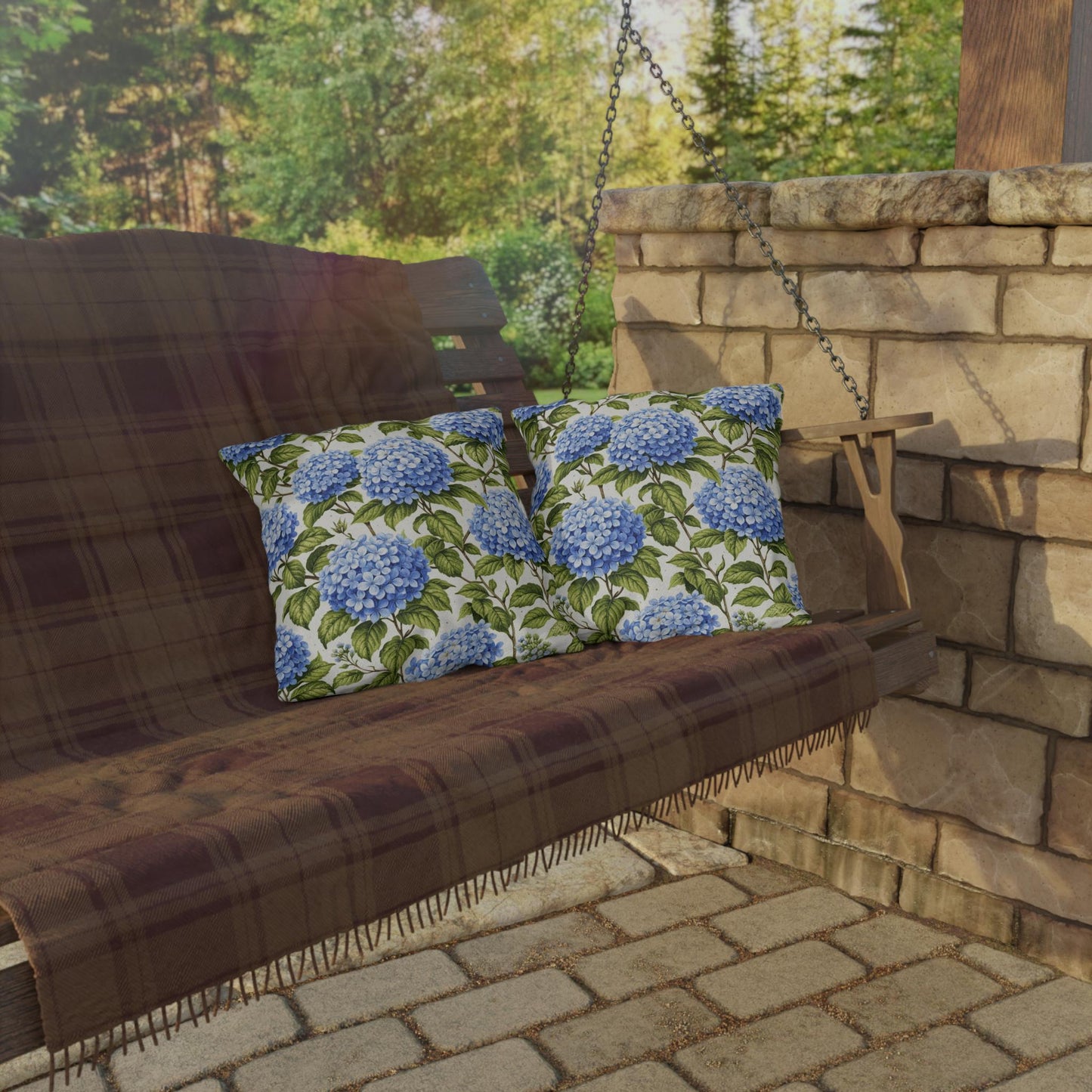 Blue Hydrangea Floral Outdoor Pillow | Square Patio Cushion, Botanical Garden Decor