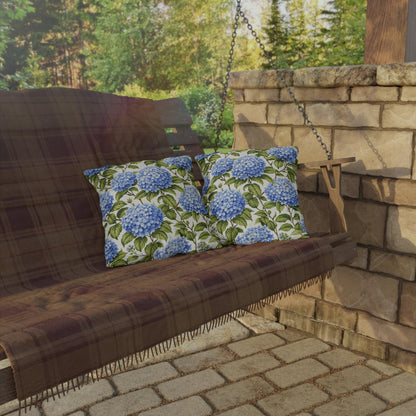 Blue Hydrangea Floral Outdoor Pillow | Square Patio Cushion, Botanical Garden Decor