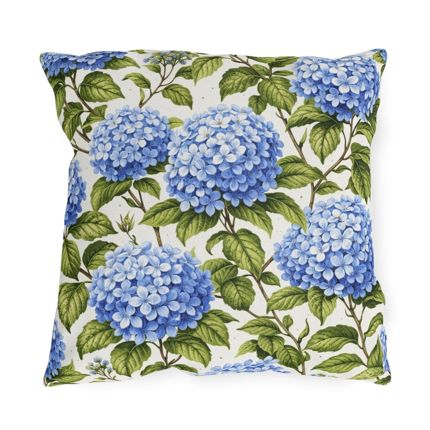 Blue Hydrangea Floral Outdoor Pillow | Square Patio Cushion, Botanical Garden Decor