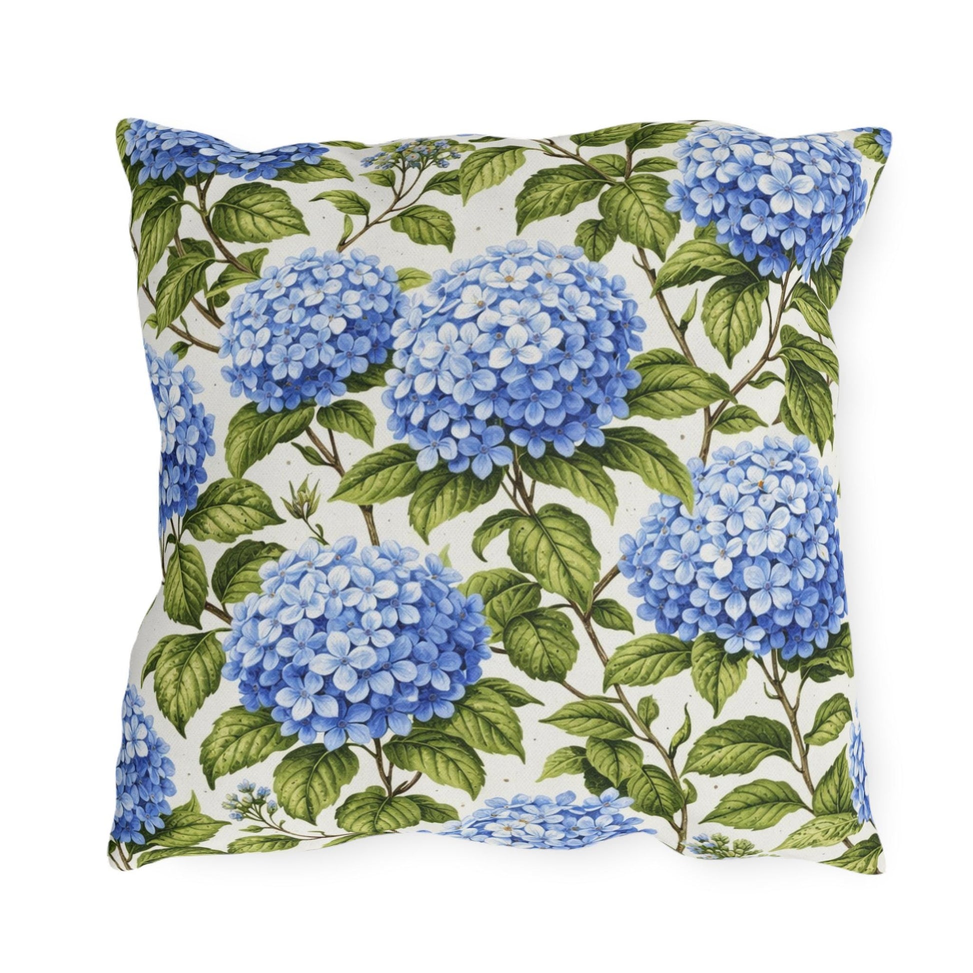 Blue Hydrangea Floral Outdoor Pillow | Square Patio Cushion, Botanical Garden Decor