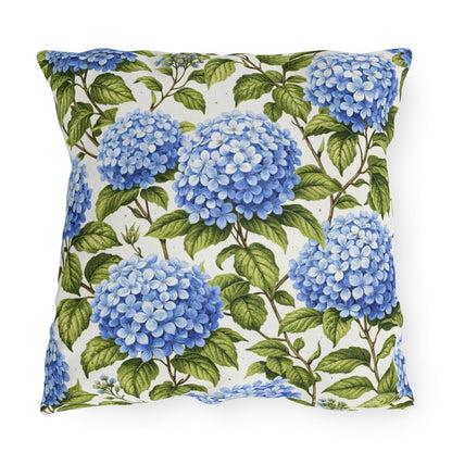Blue Hydrangea Floral Outdoor Pillow | Square Patio Cushion, Botanical Garden Decor
