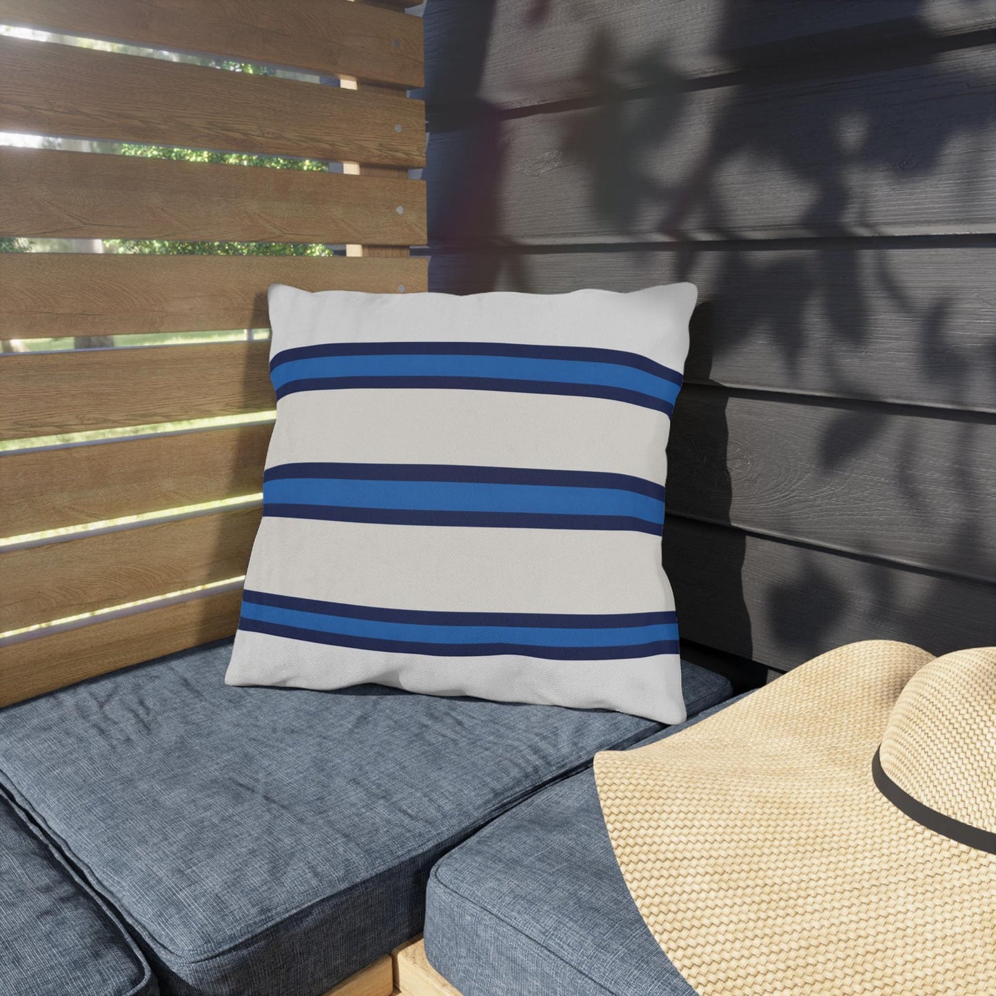 Navy Blue Stripe Outdoor Pillow | Square Patio Cushion, Coastal Cabana