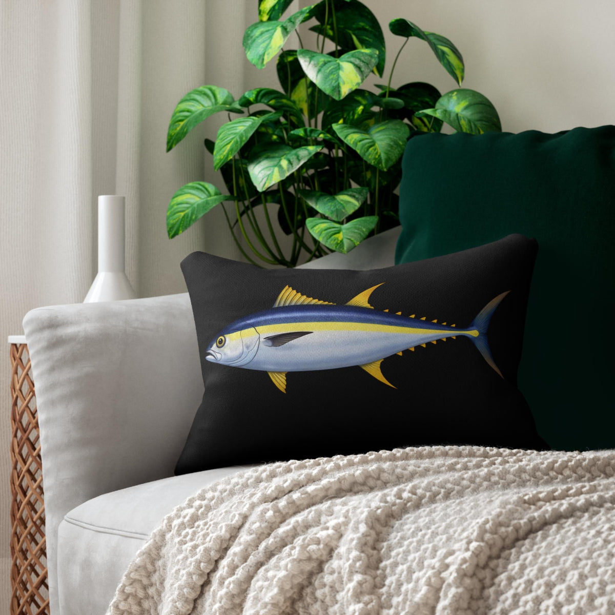 Black Yellowtuna Lumbar Pillow | Nautical Fish Decor