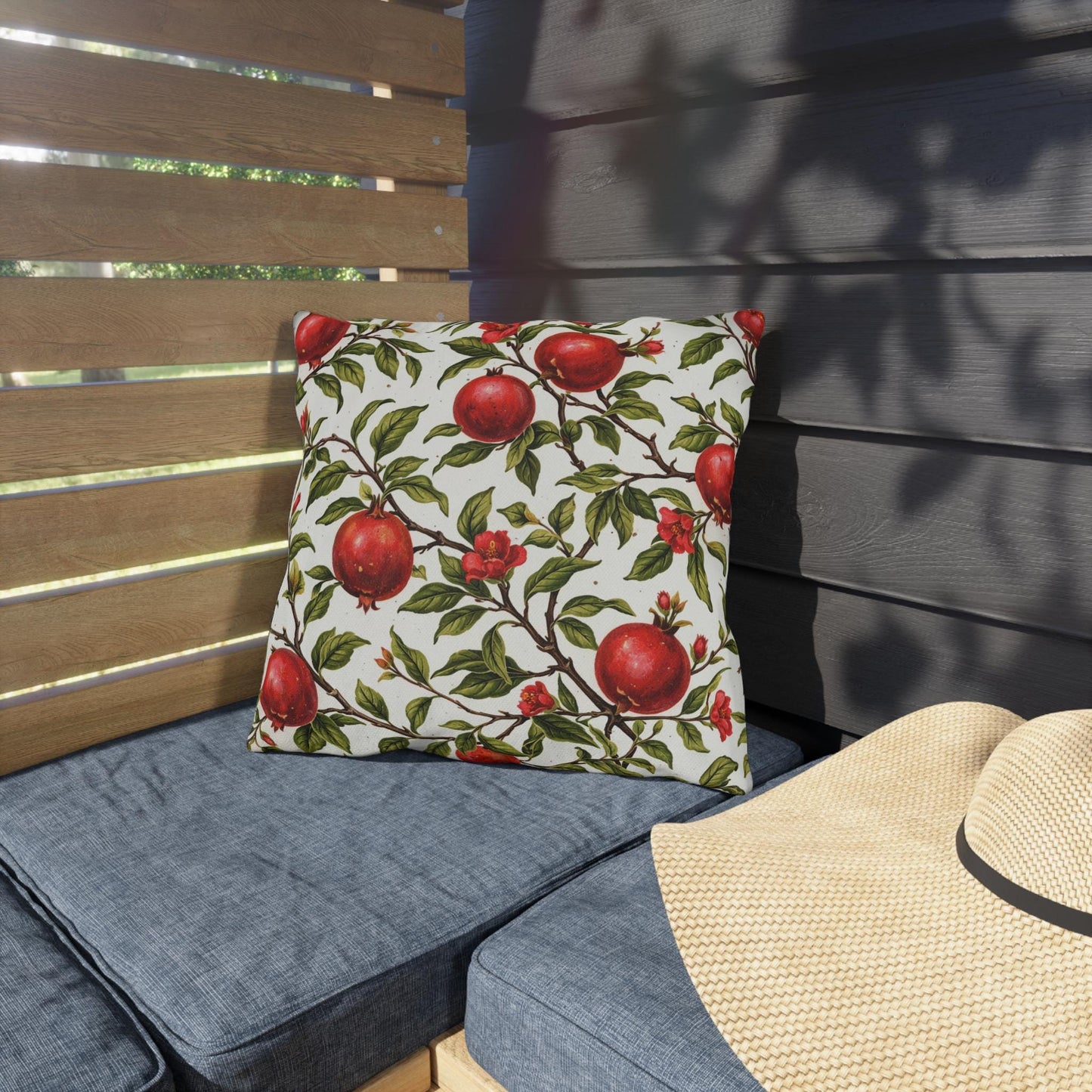 Pomegranate Botanical Outdoor Pillow | Square Patio Cushion, Garden Fruit Pattern