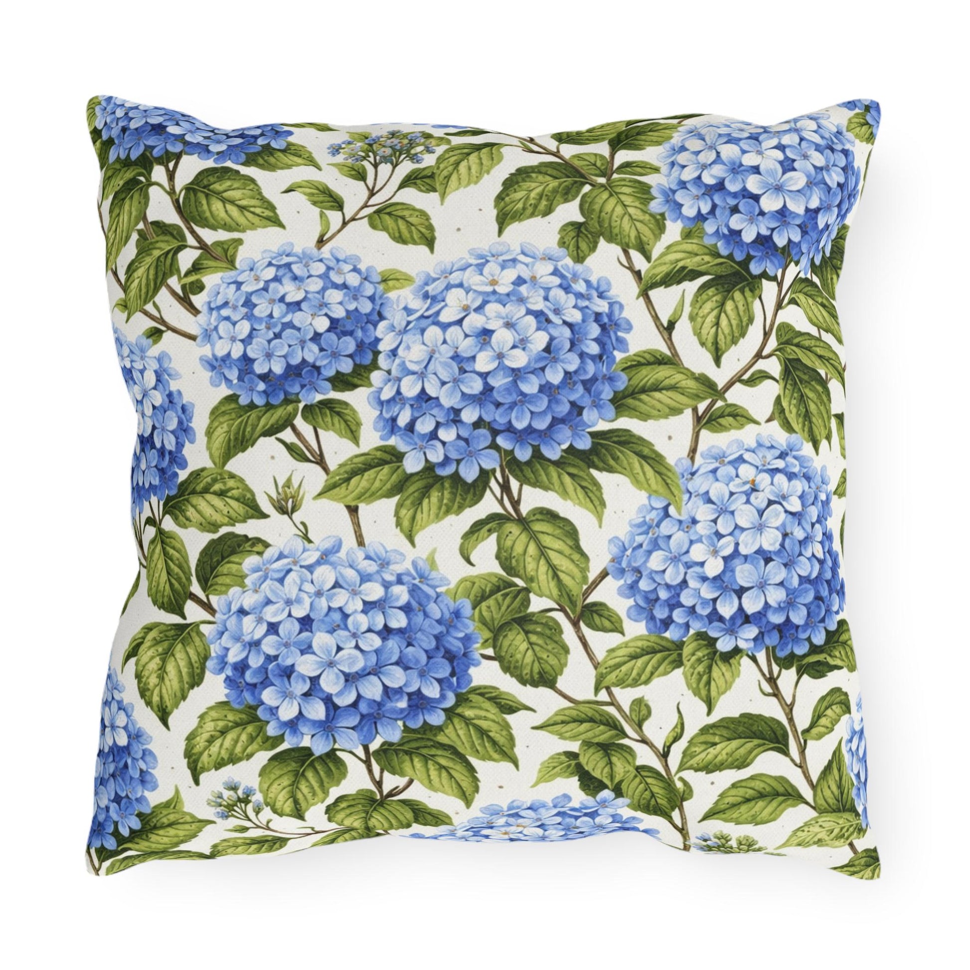 Blue Hydrangea Floral Outdoor Pillow | Square Patio Cushion, Botanical Garden Decor