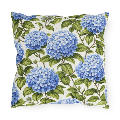 Blue Hydrangea Floral Outdoor Pillow | Square Patio Cushion, Botanical Garden Decor