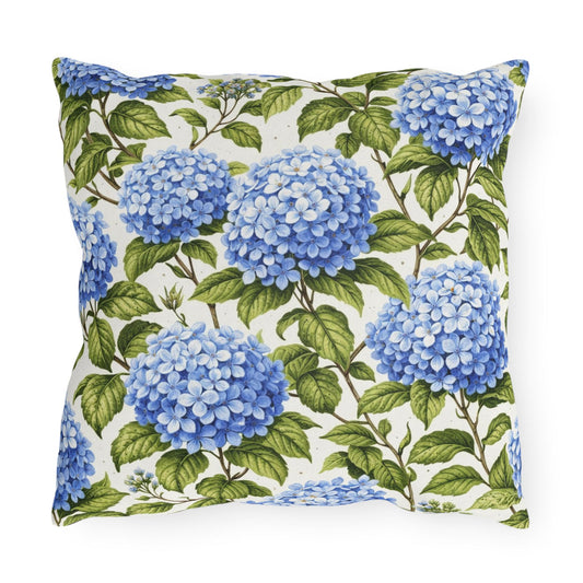 Blue Hydrangea Floral Outdoor Pillow | Square Patio Cushion, Botanical Garden Decor