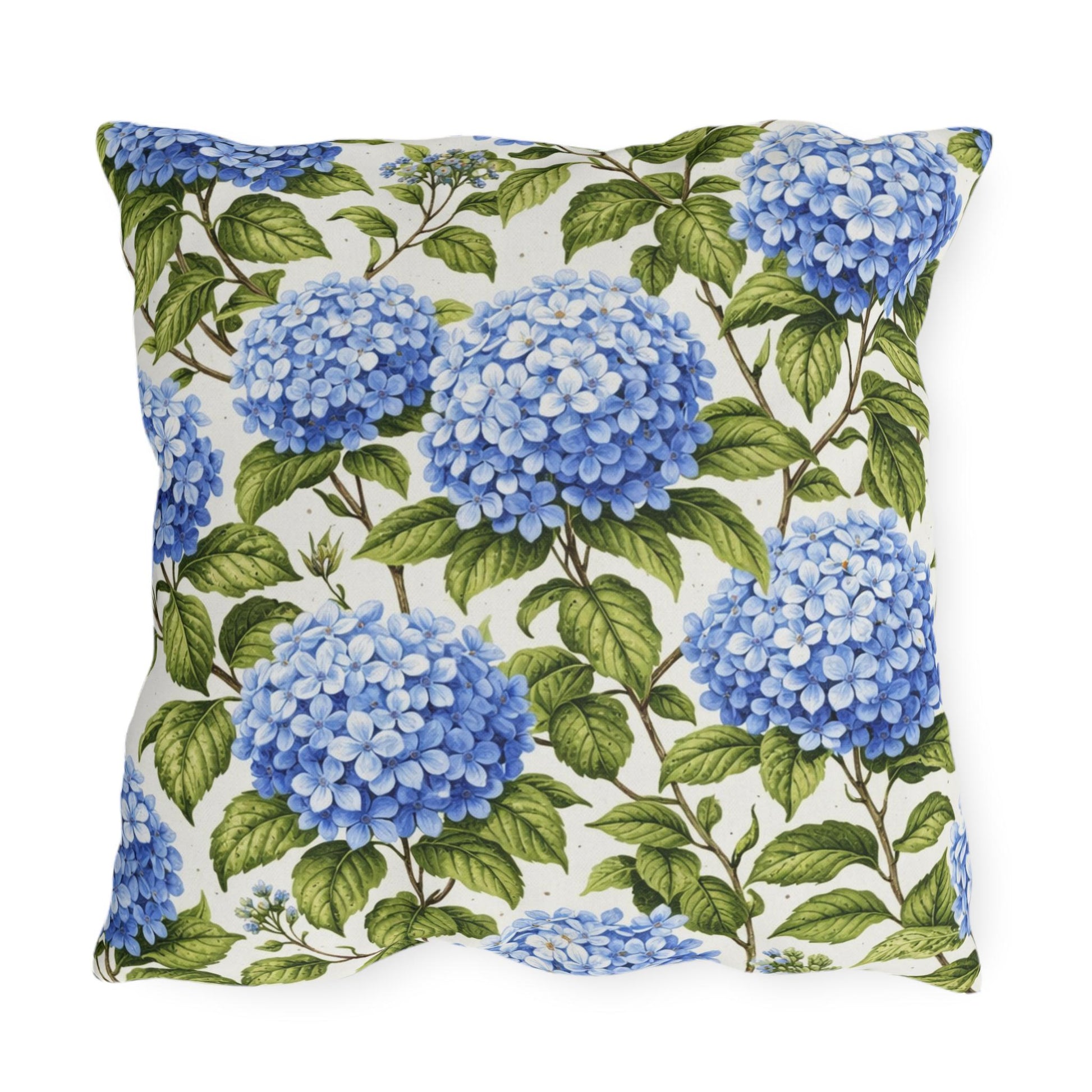 Blue Hydrangea Floral Outdoor Pillow | Square Patio Cushion, Botanical Garden Decor