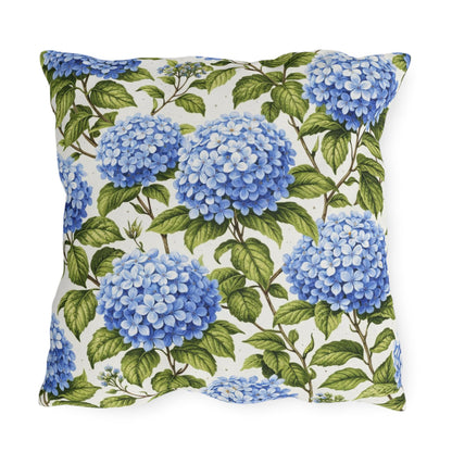 Blue Hydrangea Floral Outdoor Pillow | Square Patio Cushion, Botanical Garden Decor