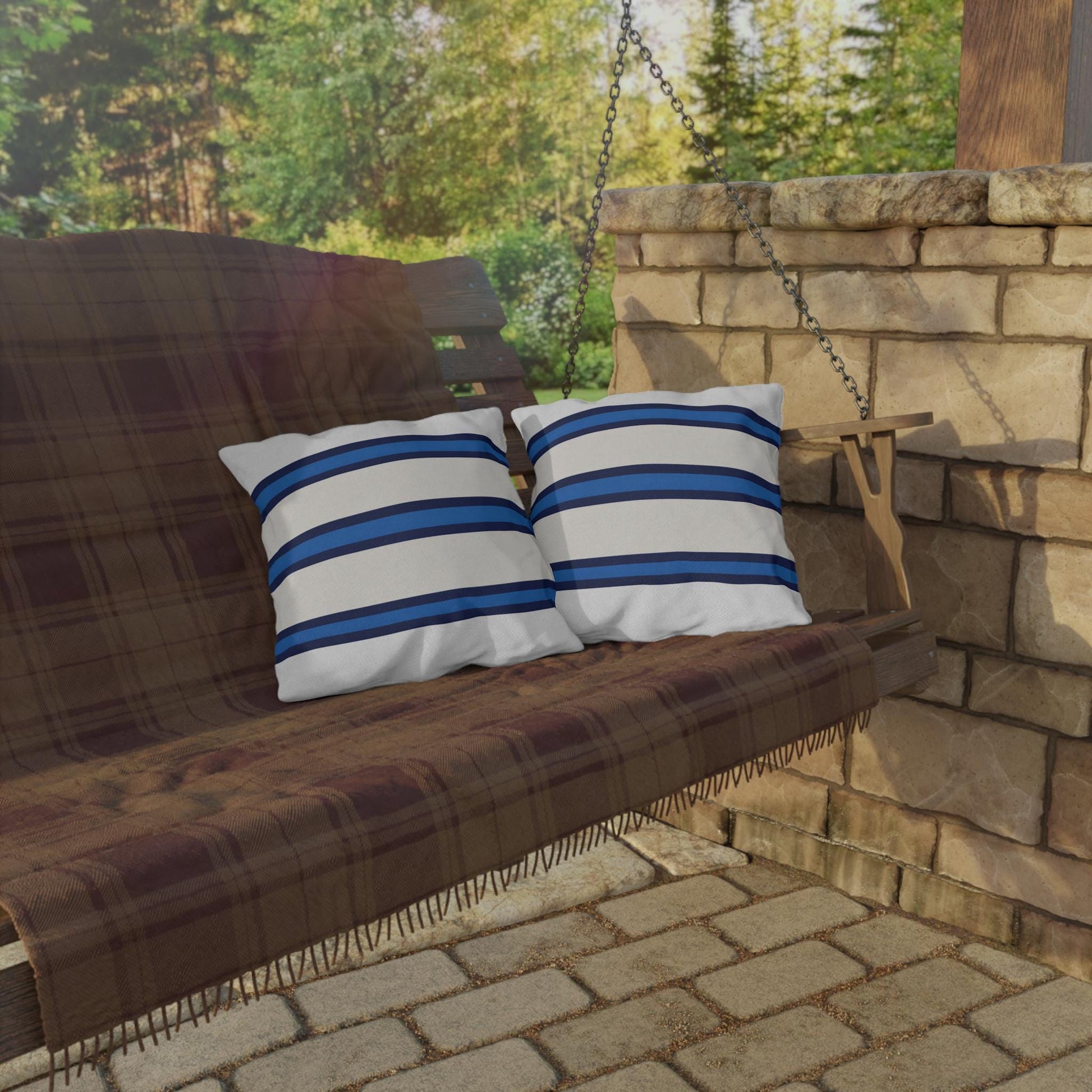 Navy Blue Stripe Outdoor Pillow | Square Patio Cushion, Coastal Cabana