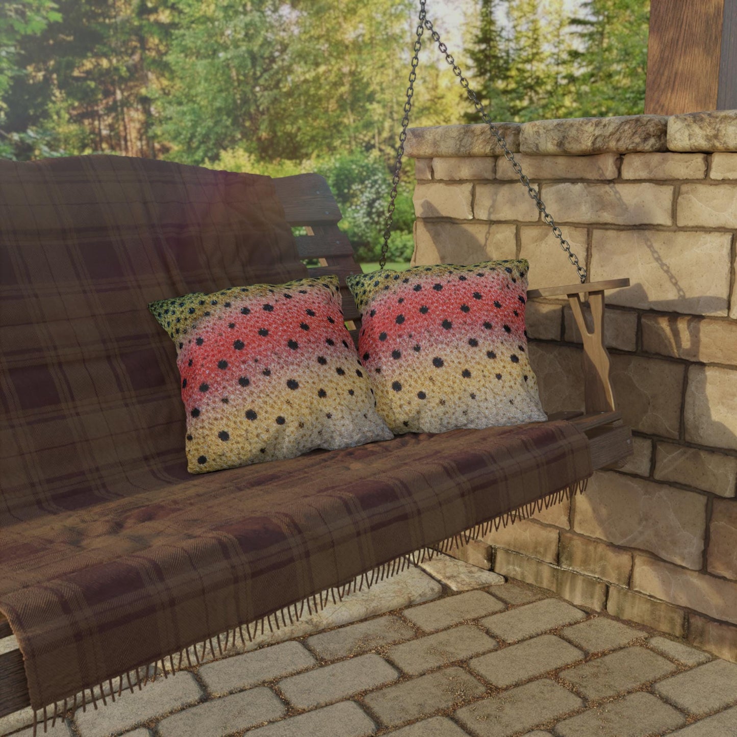 Rainbow Trout Pattern Outdoor Pillows | Fishing Cabin Decor