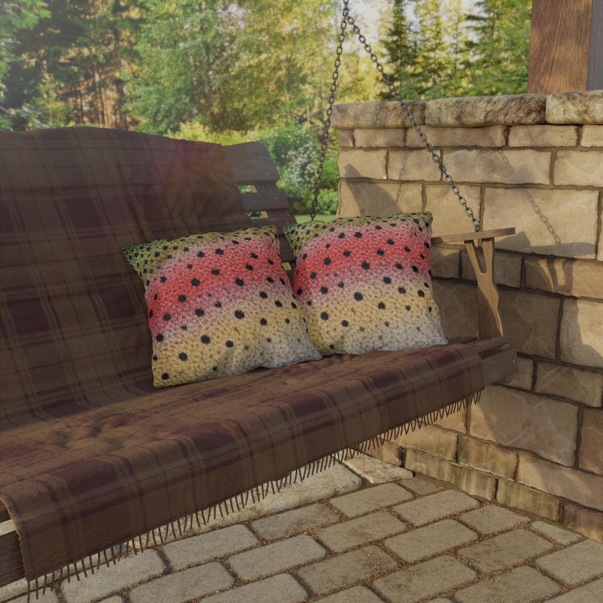 Rainbow Trout Pattern Outdoor Pillows | Fishing Cabin Decor
