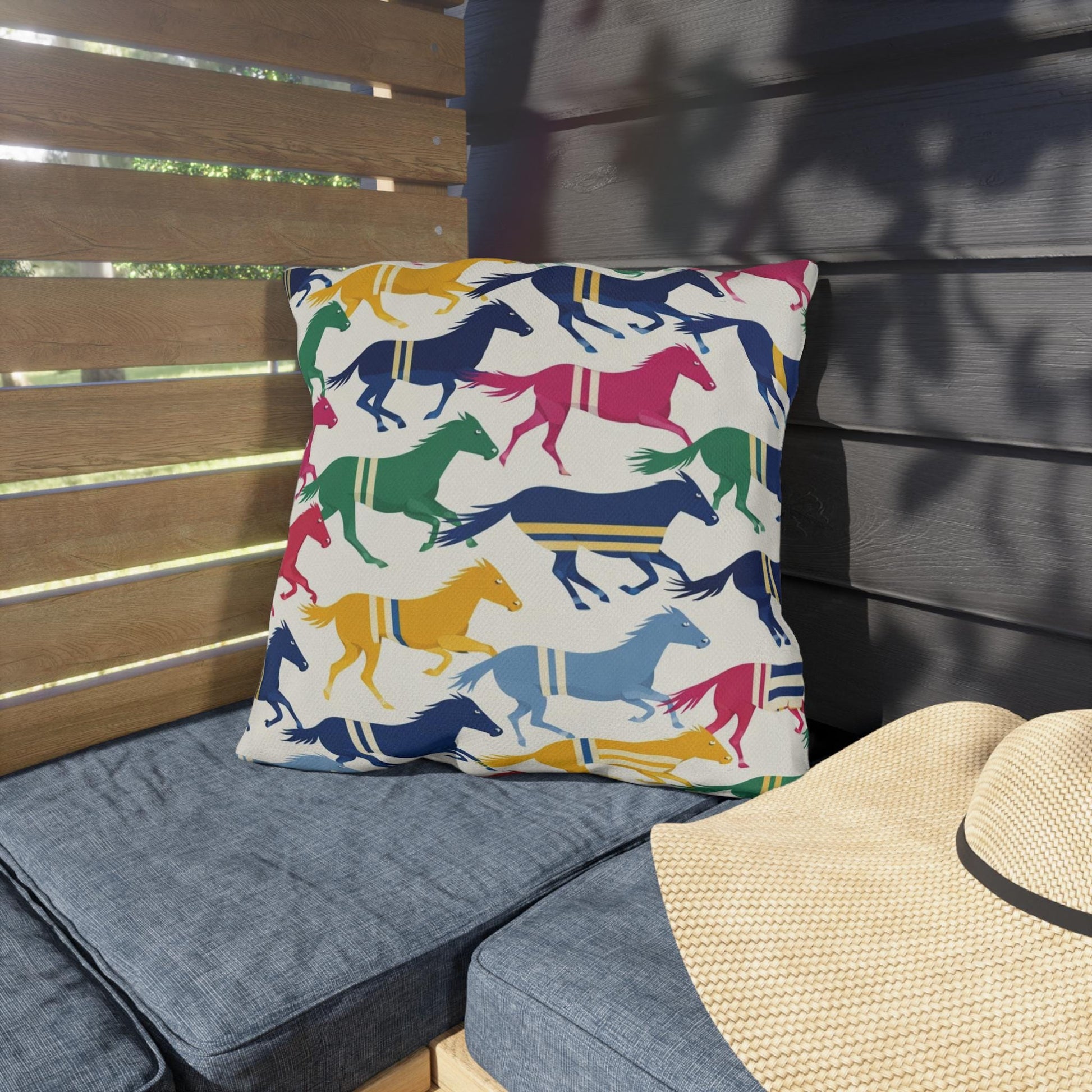 Preppy Horse Pattern Outdoor Pillows | Colorful Equestrian Stripe Cushion