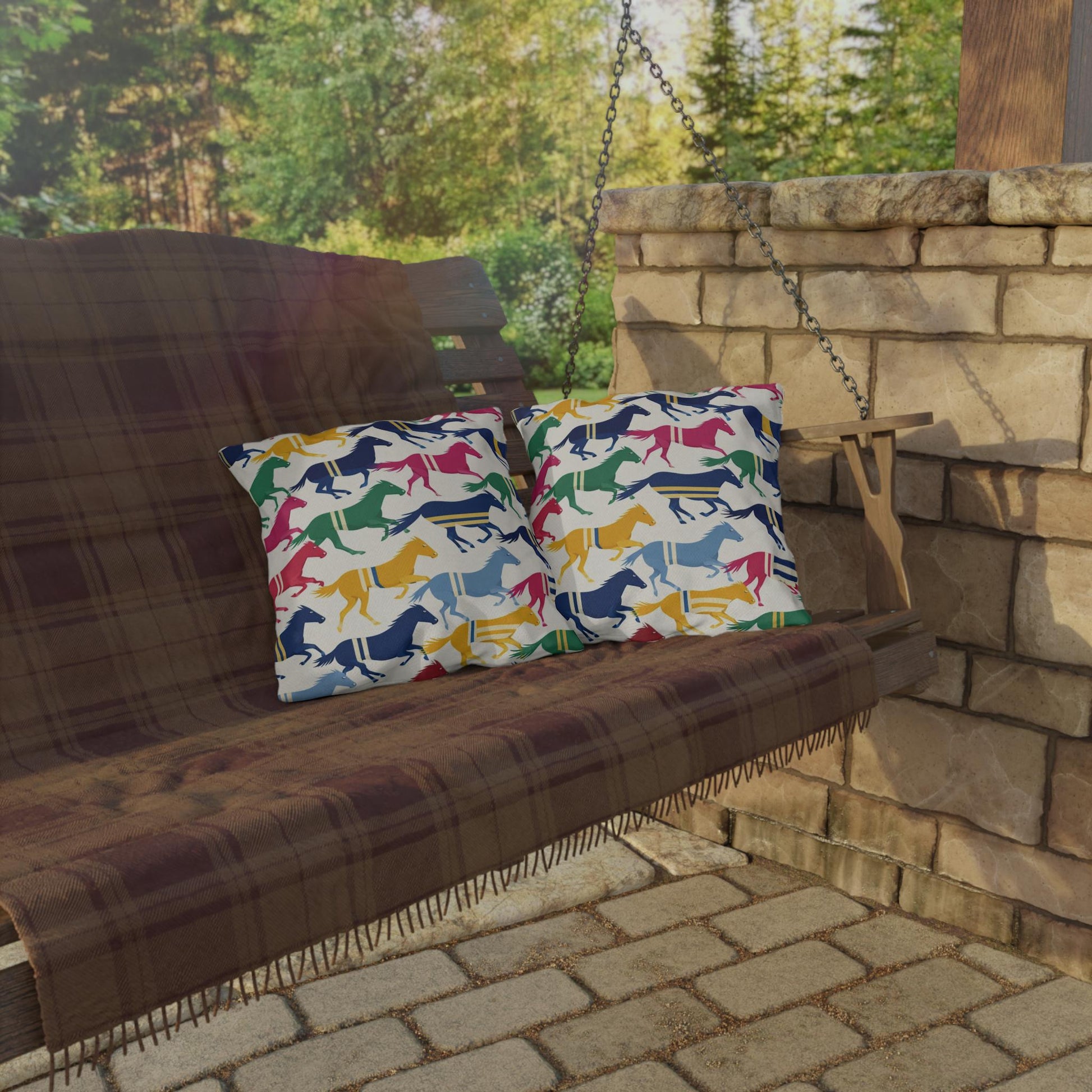 Preppy Horse Pattern Outdoor Pillows | Colorful Equestrian Stripe Cushion