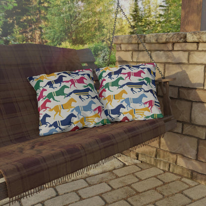 Preppy Horse Pattern Outdoor Pillows | Colorful Equestrian Stripe Cushion