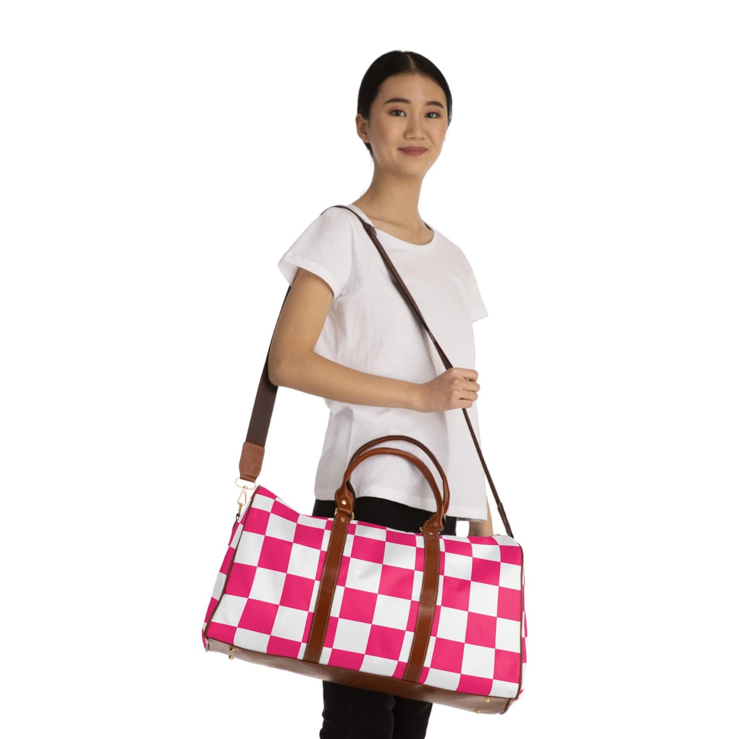 Pink Checkered Weekender Waterproof Travel Bag | Preppy Palm Beach Duffle