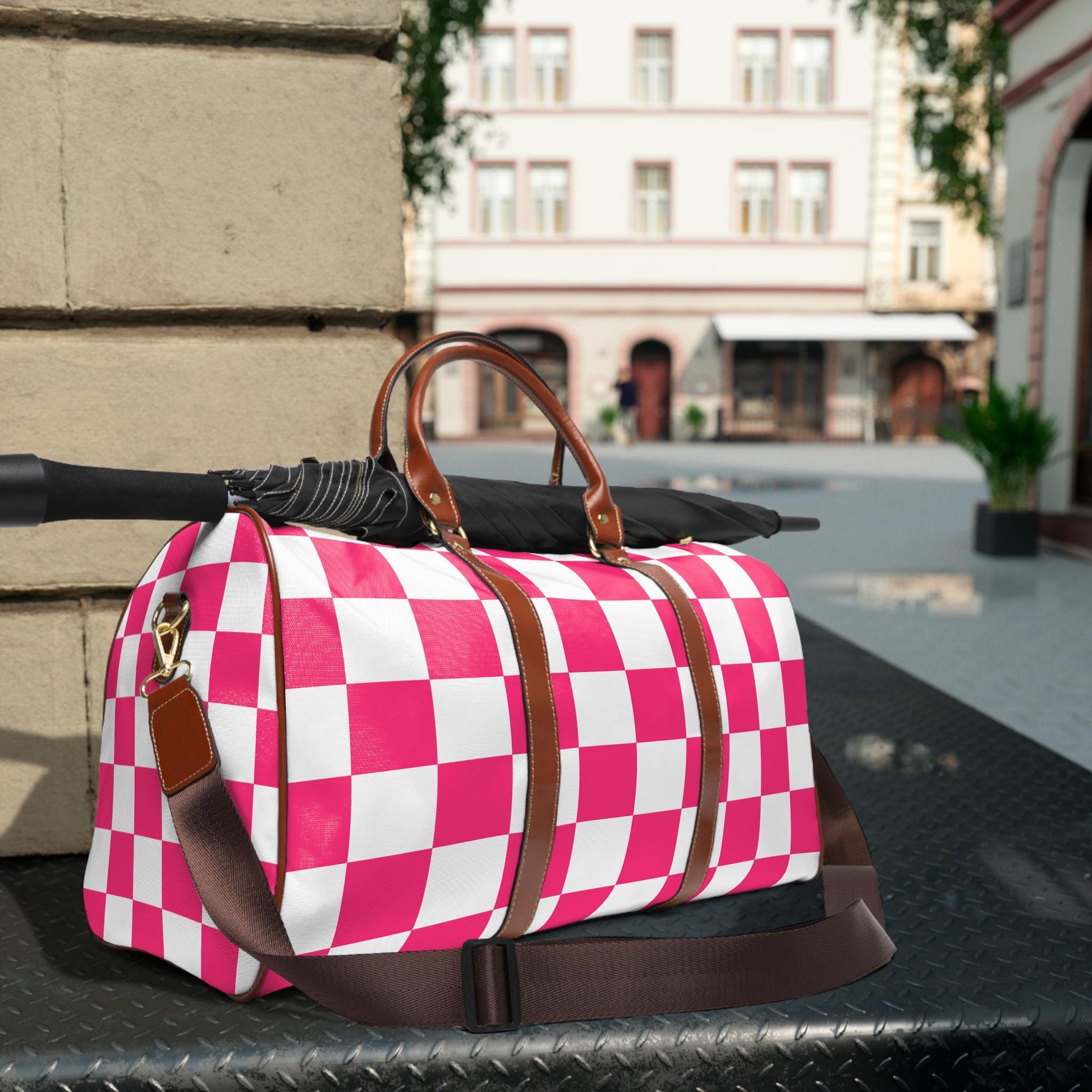 Pink Checkered Weekender Waterproof Travel Bag | Preppy Palm Beach Duffle