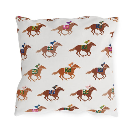 Preppy Horse Racing Jockey Print Outdoor Pillows | Equestrian Derby Lumbar Pillow