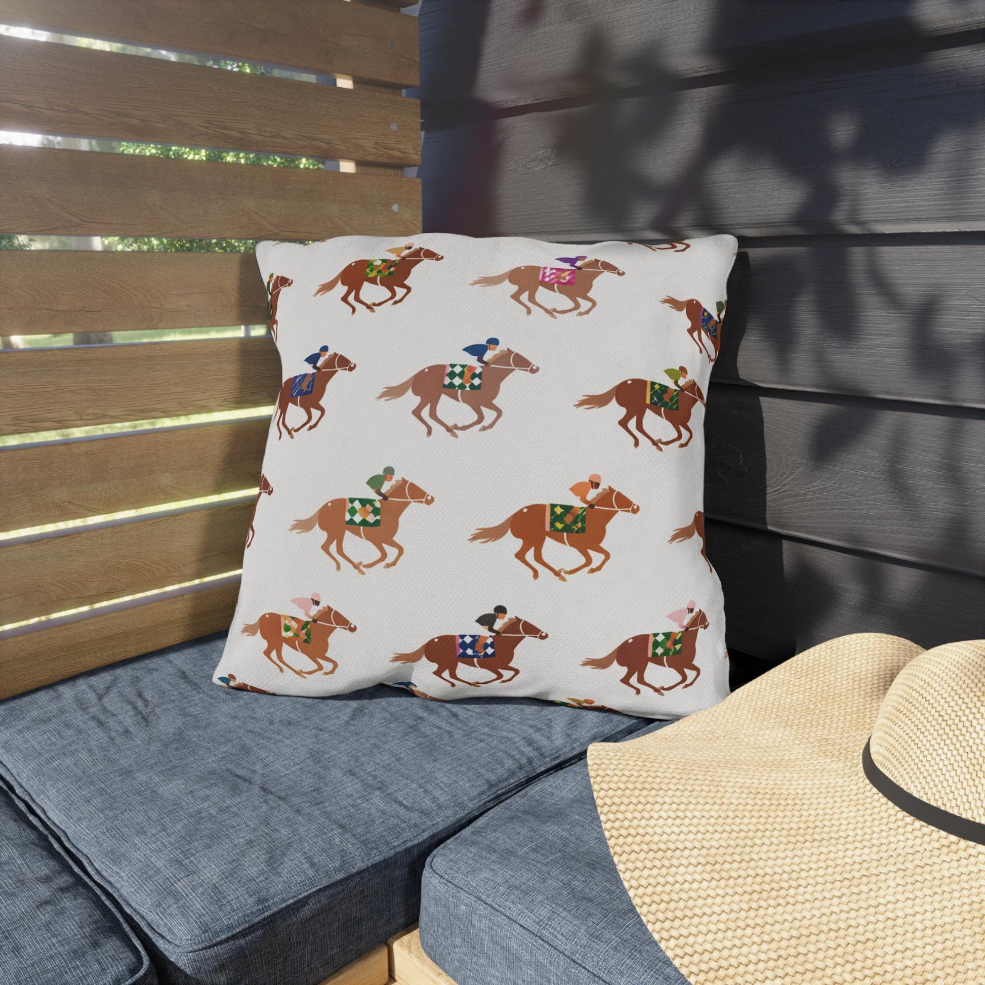 Preppy Horse Racing Jockey Print Outdoor Pillows | Equestrian Derby Lumbar Pillow