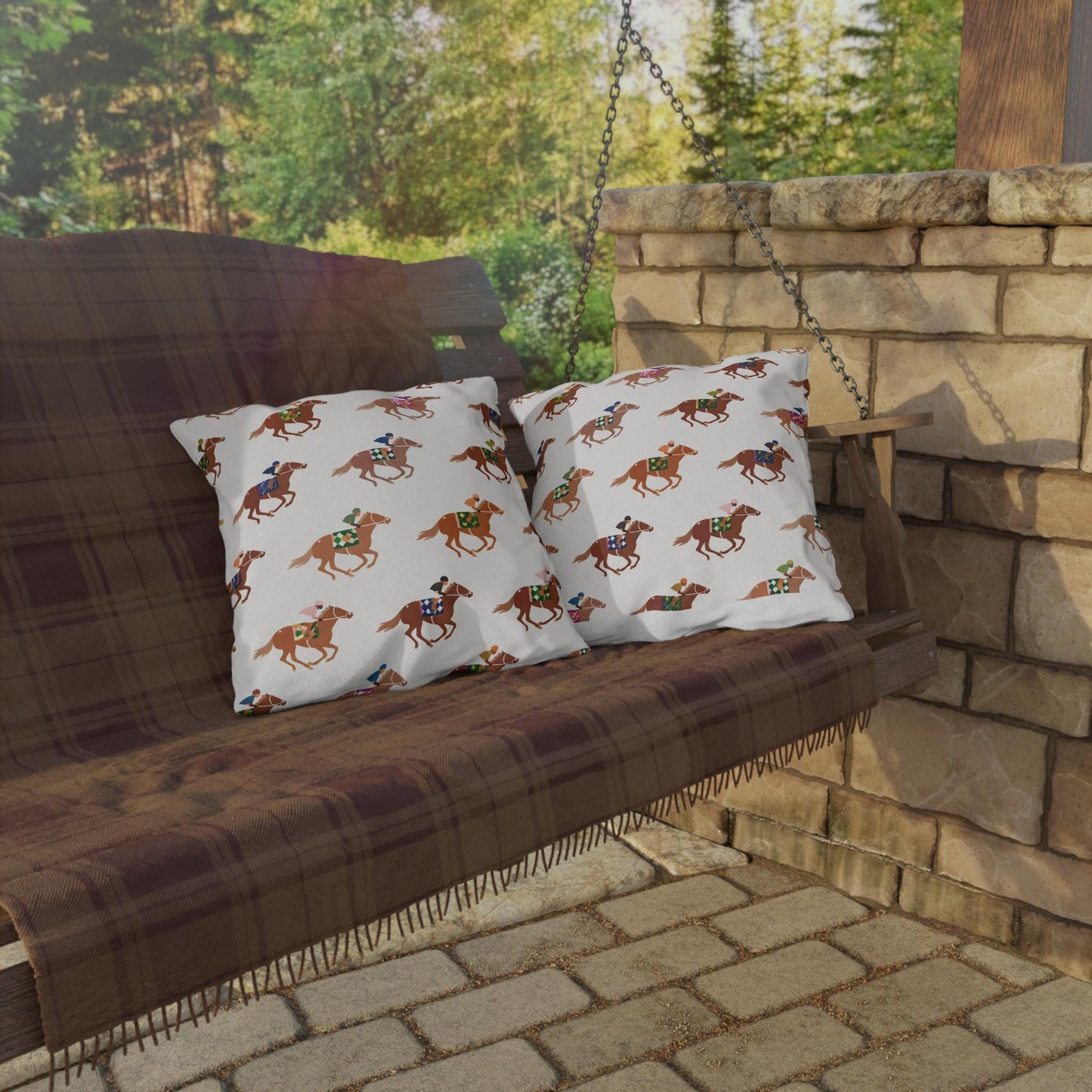 Preppy Horse Racing Jockey Print Outdoor Pillows | Equestrian Derby Lumbar Pillow