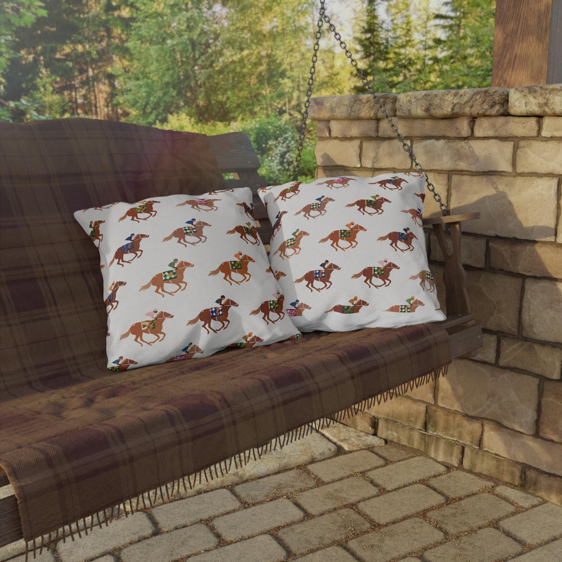 Preppy Horse Racing Jockey Print Outdoor Pillows | Equestrian Derby Lumbar Pillow