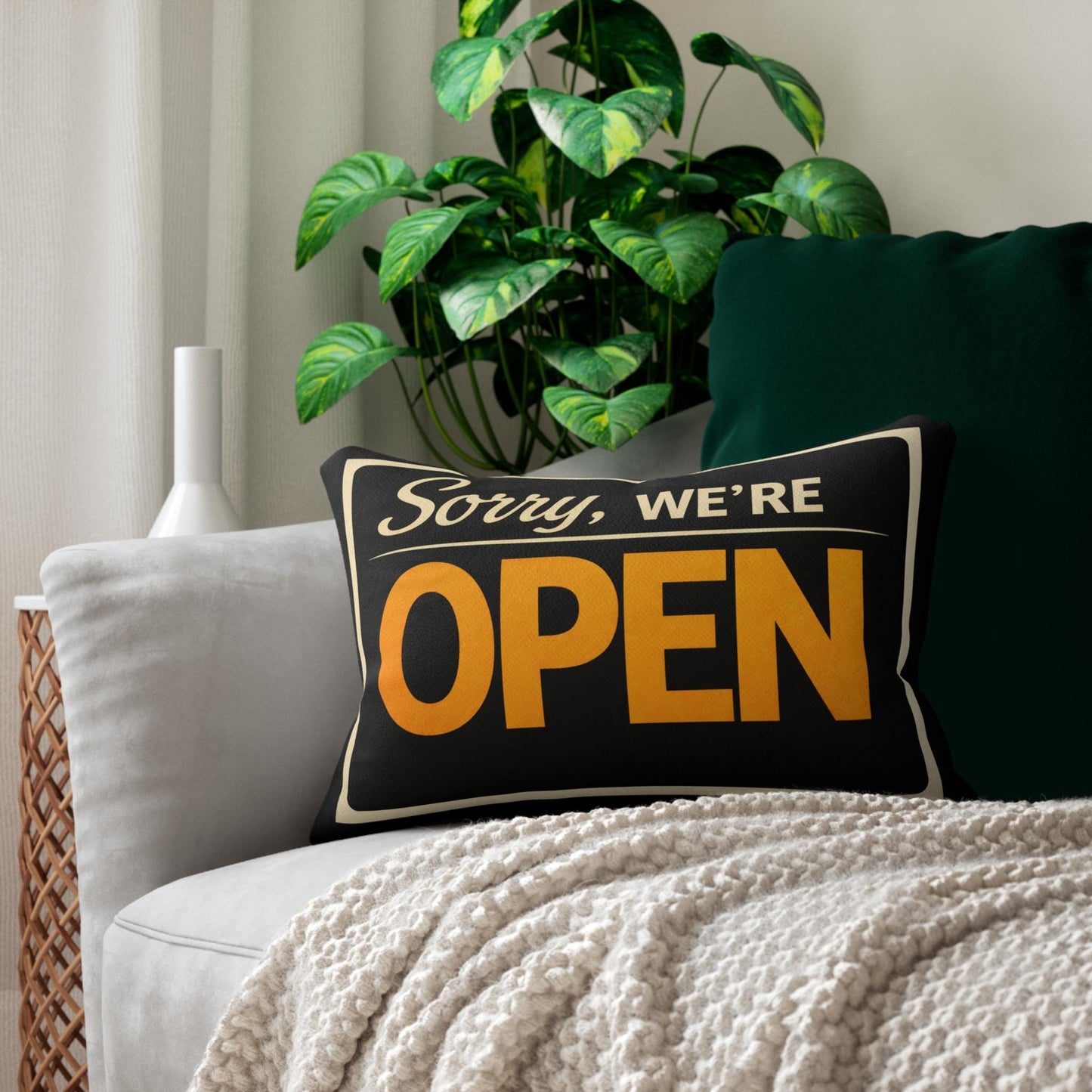 Sorry We're Open / Happy We're Closed Sign Lumbar Pillow | Double-Sided Porch Entry Decor