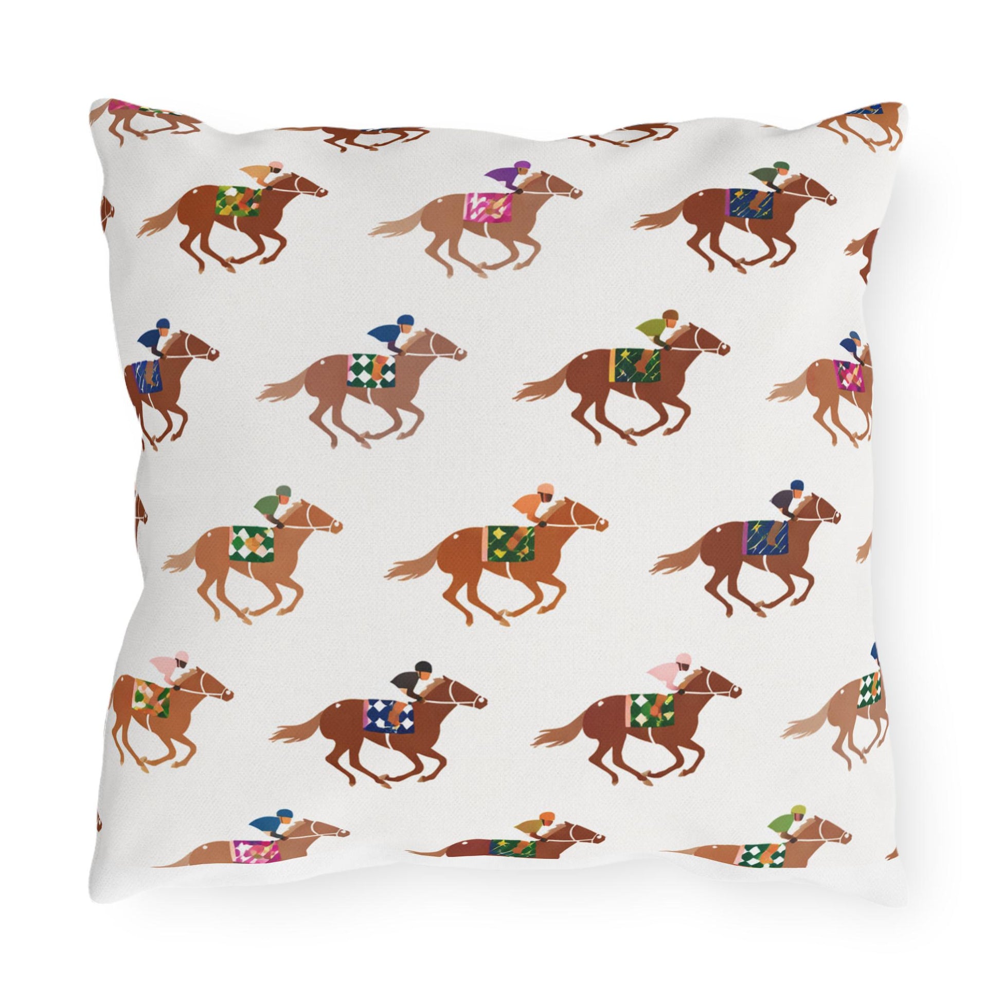 Preppy Horse Racing Jockey Print Outdoor Pillows | Equestrian Derby Lumbar Pillow