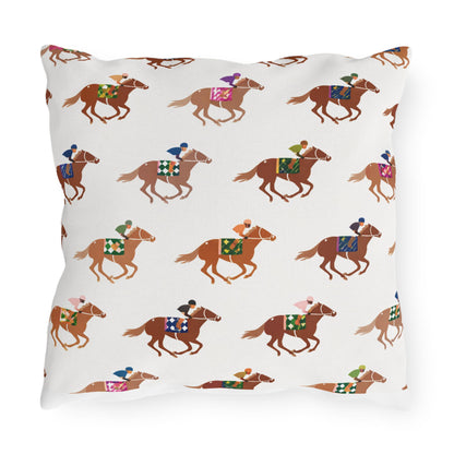Preppy Horse Racing Jockey Print Outdoor Pillows | Equestrian Derby Lumbar Pillow