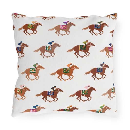 Preppy Horse Racing Jockey Print Outdoor Pillows | Equestrian Derby Lumbar Pillow