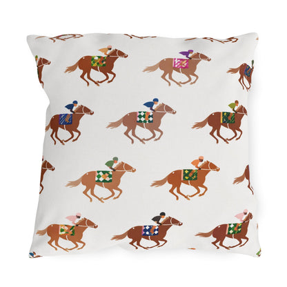 Preppy Horse Racing Jockey Print Outdoor Pillows | Equestrian Derby Lumbar Pillow