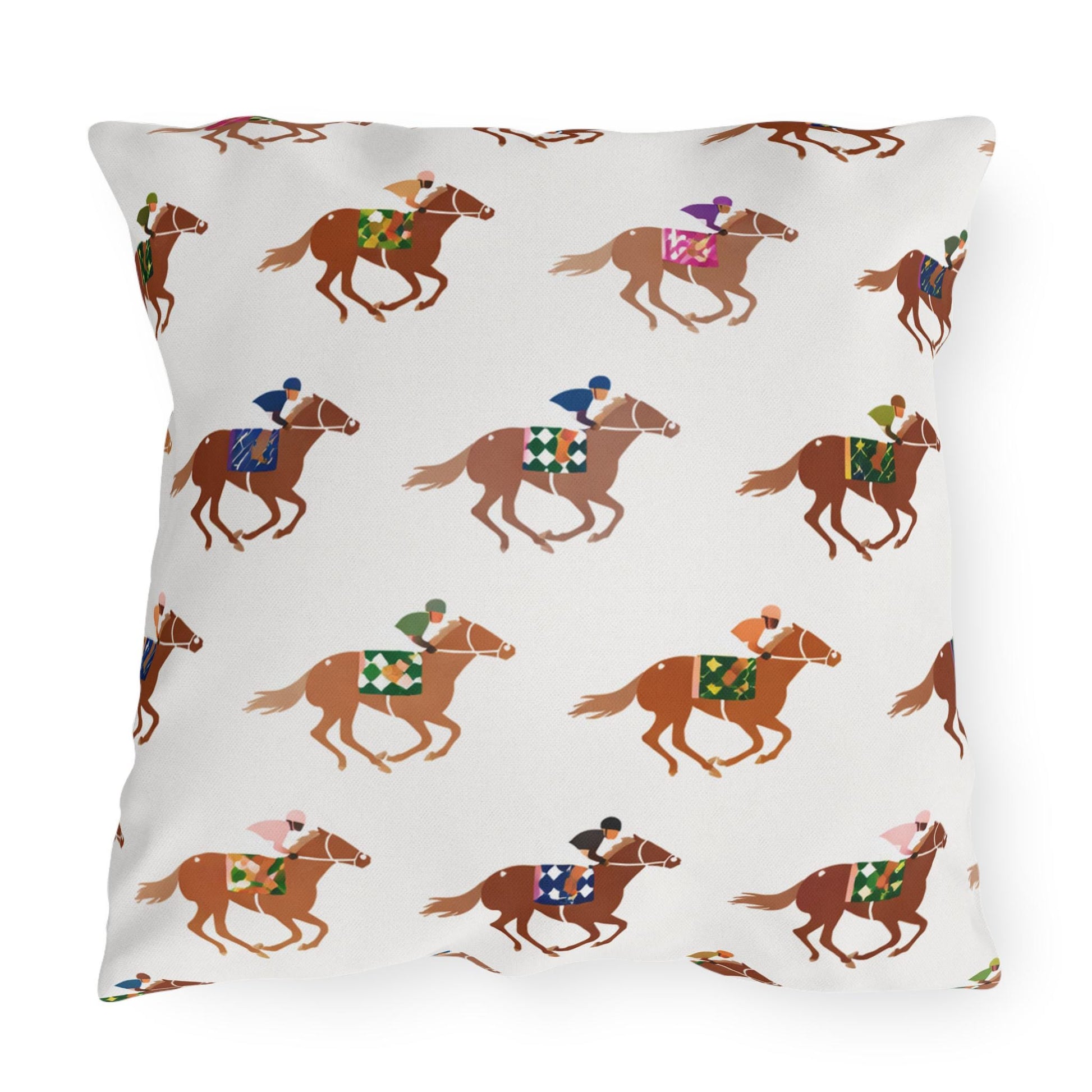 Preppy Horse Racing Jockey Print Outdoor Pillows | Equestrian Derby Lumbar Pillow