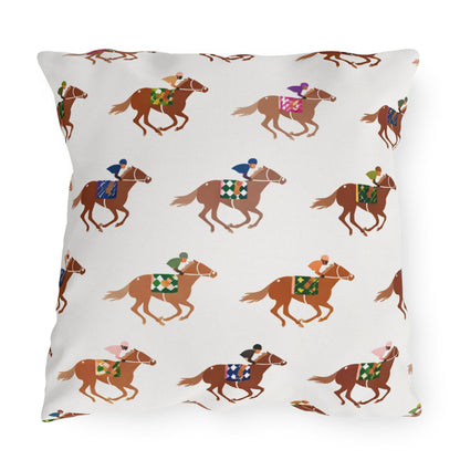 Preppy Horse Racing Jockey Print Outdoor Pillows | Equestrian Derby Lumbar Pillow