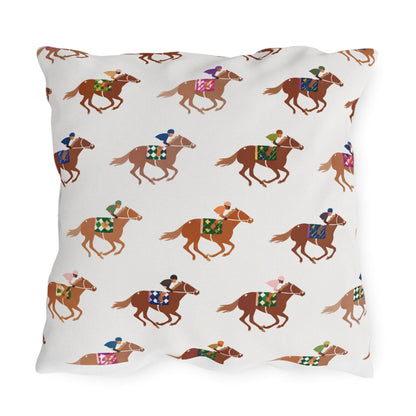 Preppy Horse Racing Jockey Print Outdoor Pillows | Equestrian Derby Lumbar Pillow