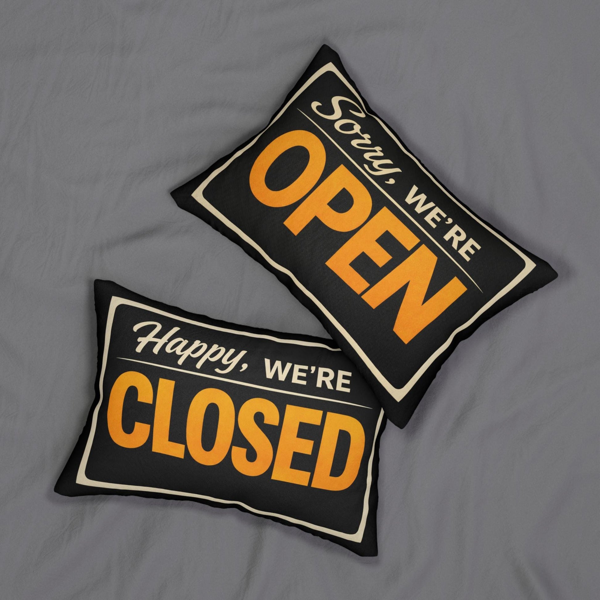 Sorry We're Open / Happy We're Closed Sign Lumbar Pillow | Double-Sided Porch Entry Decor