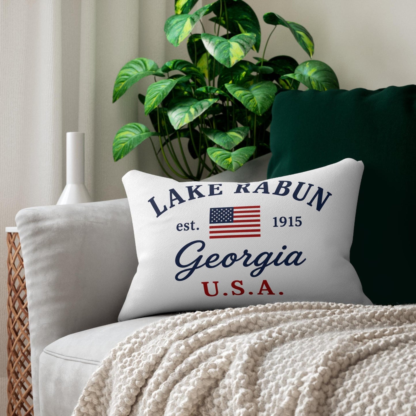 Lake Rabun Georgia Lumbar Pillow | Nautical USA Flag | Coastal Cottage Decor