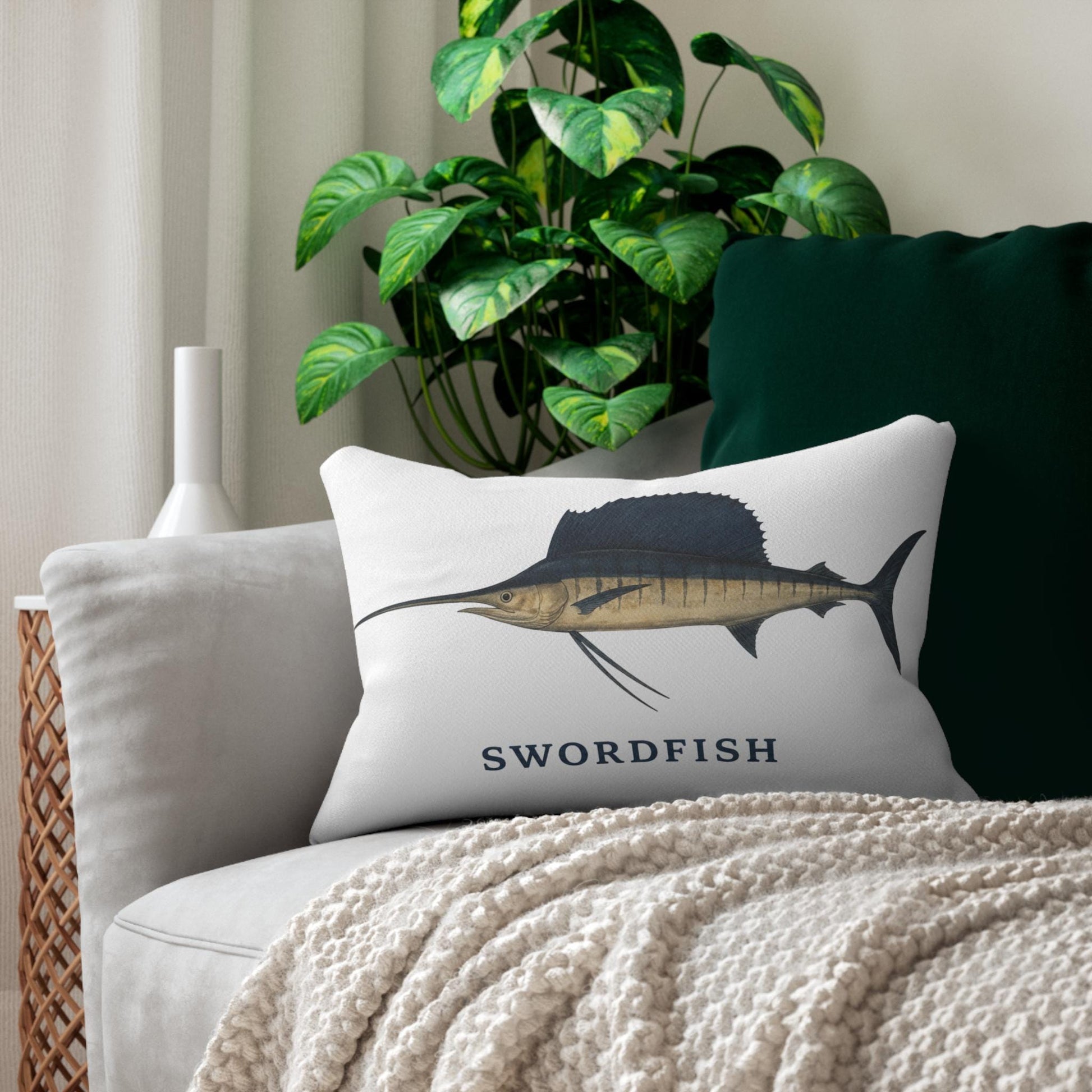Swordfish Illustration Lumbar Pillow | 14x20 Coastal Fishing Decor