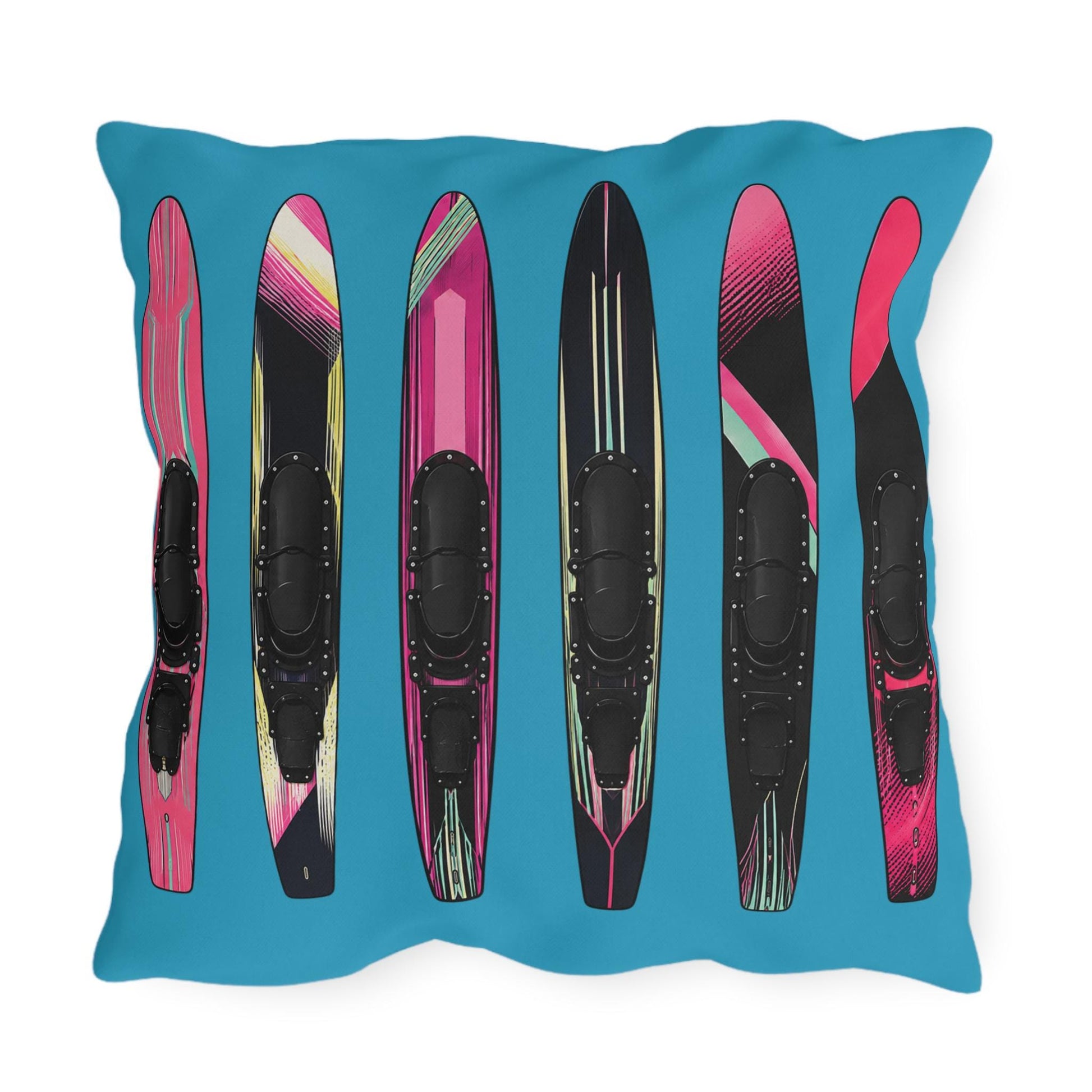 Turquoise Ladies Water Slalom Skis Pillow Outdoor Throw, Water-Resistant, Made in USA