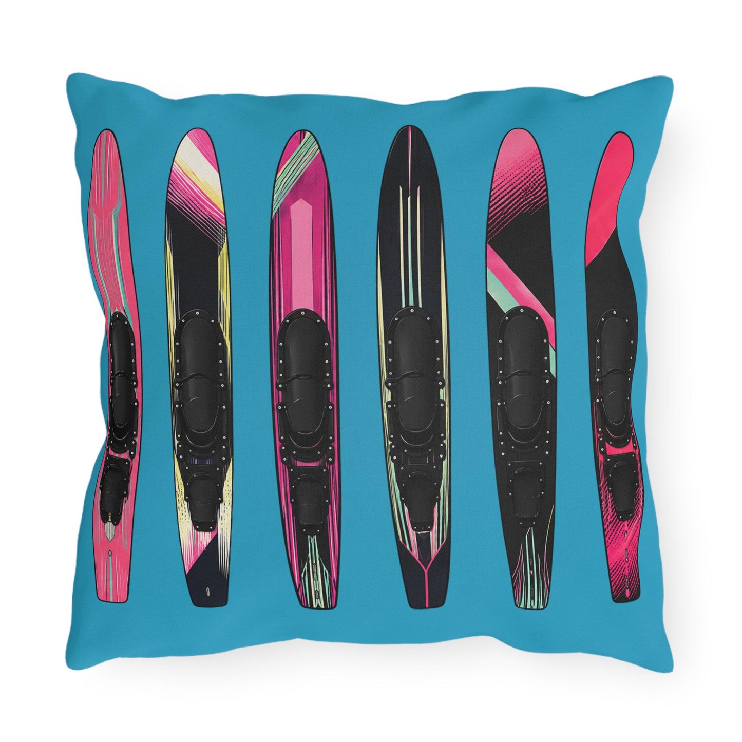 Turquoise Ladies Water Slalom Skis Pillow Outdoor Throw, Water-Resistant, Made in USA