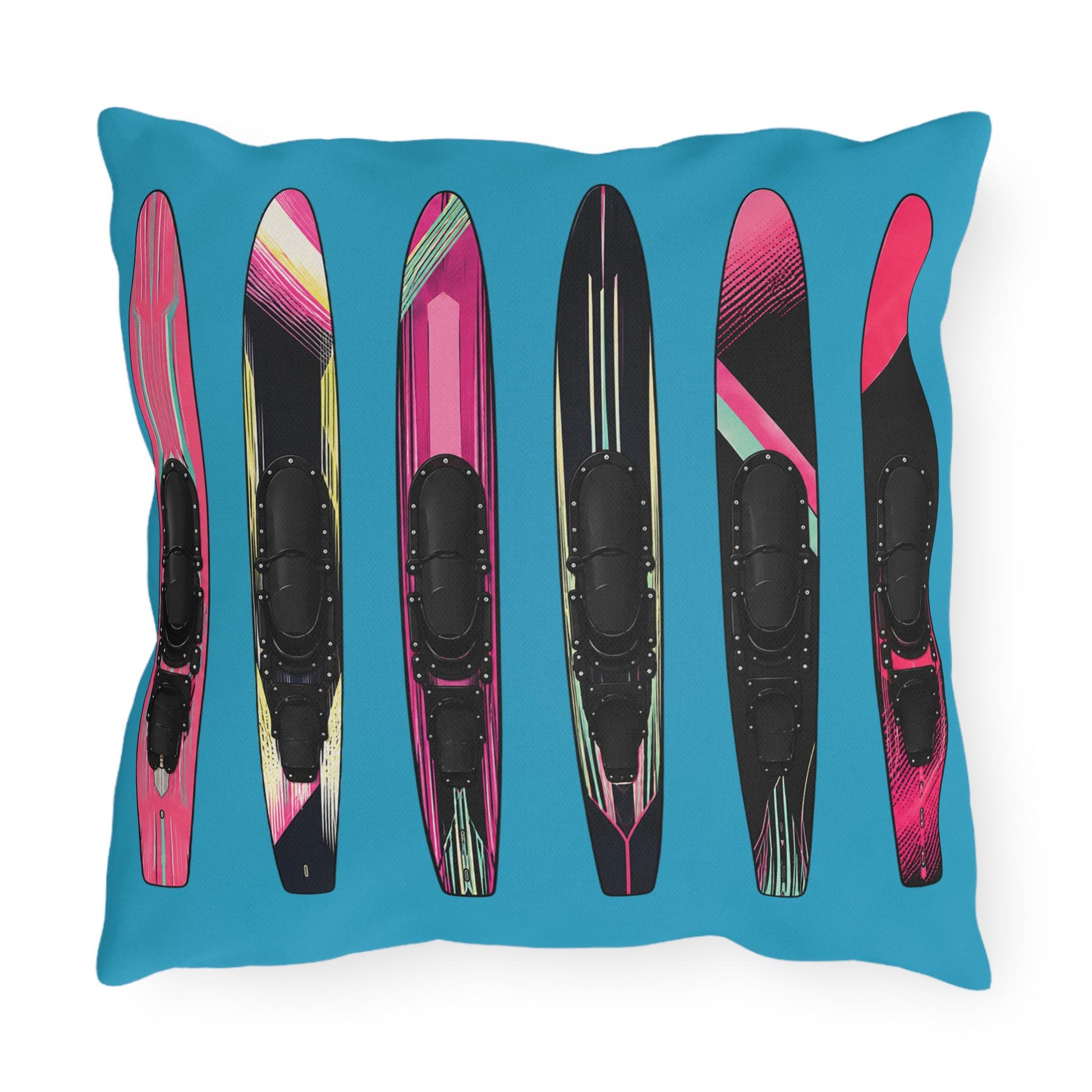 Turquoise Ladies Water Slalom Skis Pillow Outdoor Throw, Water-Resistant, Made in USA